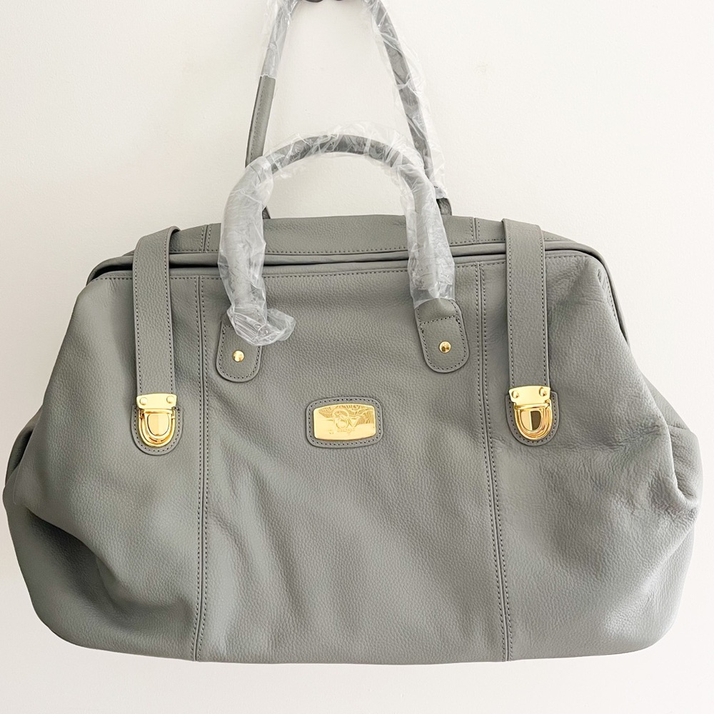 NWOT Joy Mangano Designer Textured Leather Duffle Bag | London Gray